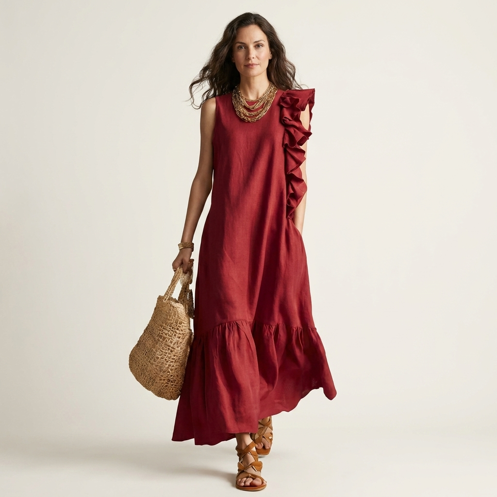 Fiara | Sleeveless Midi with Asymmetric Ruffle Detail