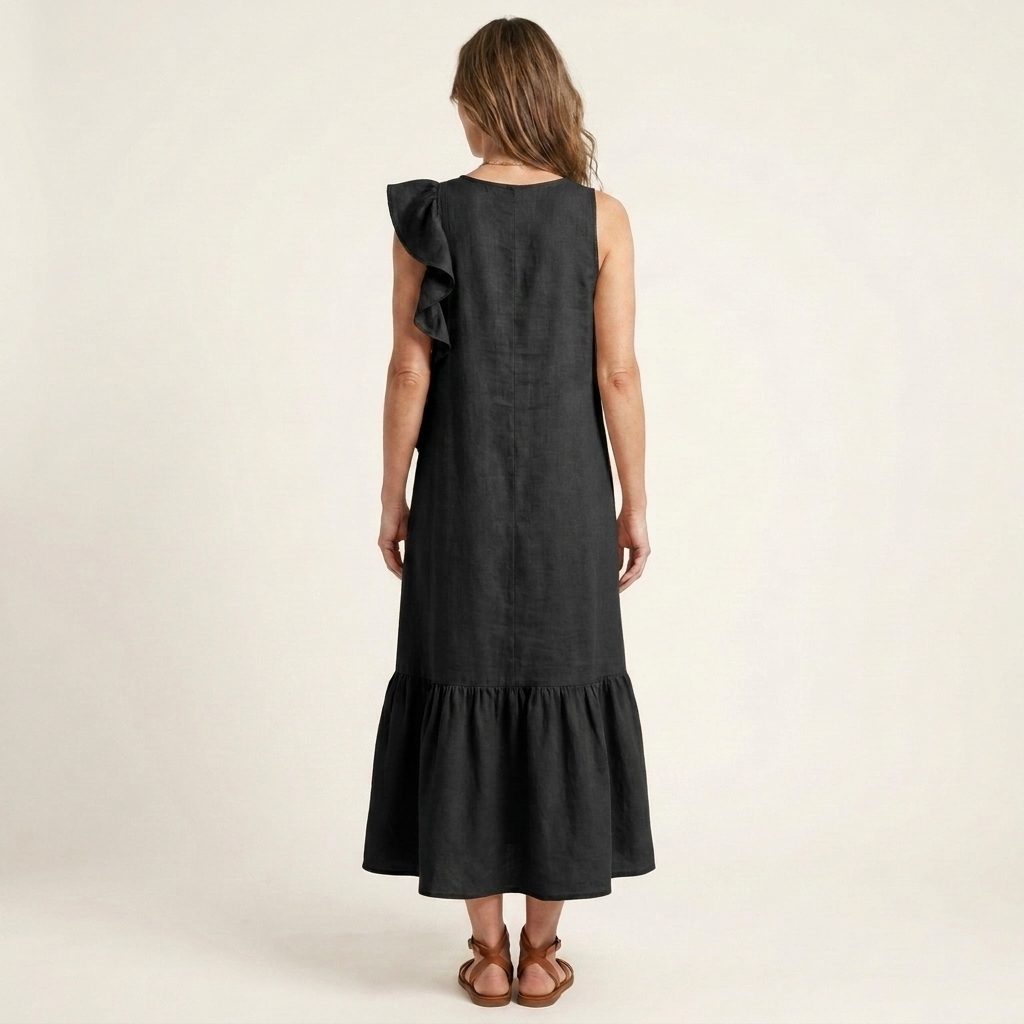 Fiara | Sleeveless Midi with Asymmetric Ruffle Detail
