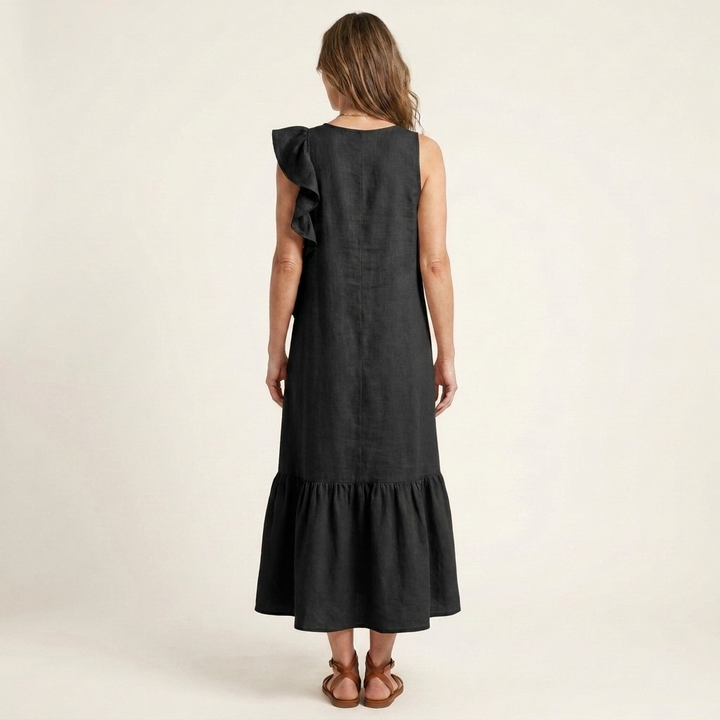 Fiara | Sleeveless Midi with Asymmetric Ruffle Detail