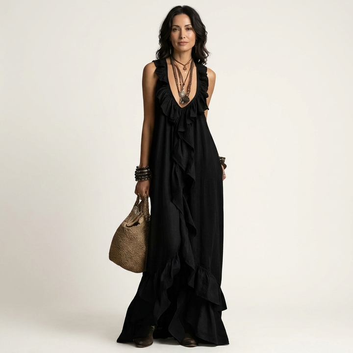 Yonora | Deep V-Neck Maxi Dress with Cascading Ruffle Front