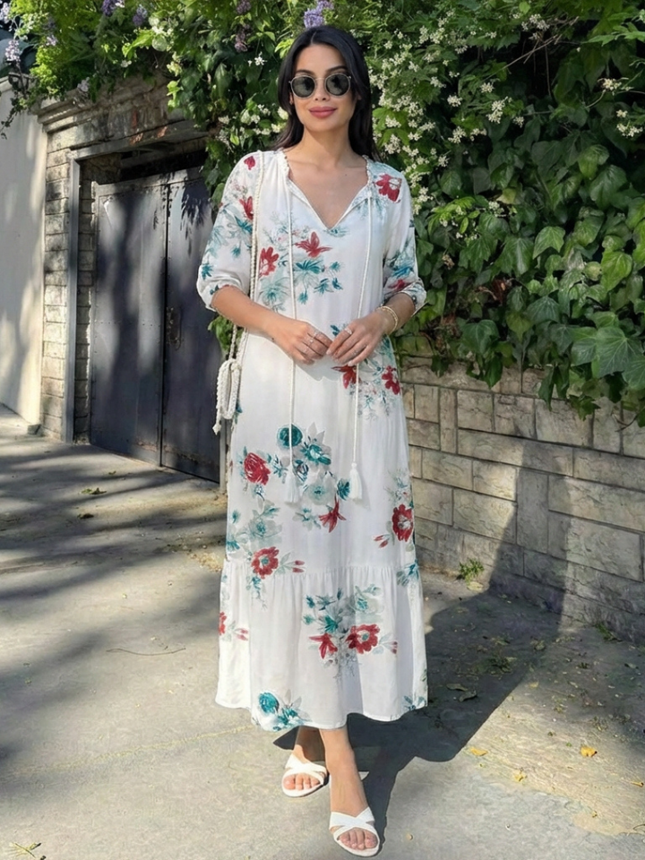 Lillian | Floral V Neck Short Sleeve Midi Dress