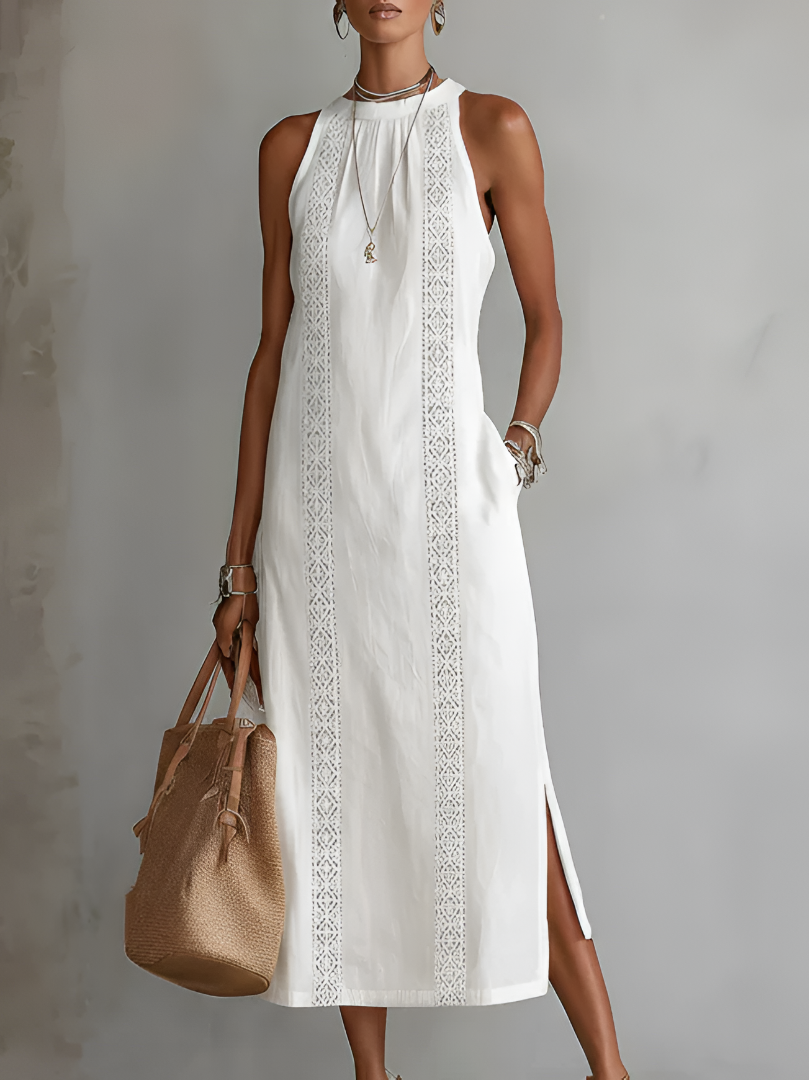 Jimena™ | Embroidered Mandarin Collar Midi Dress