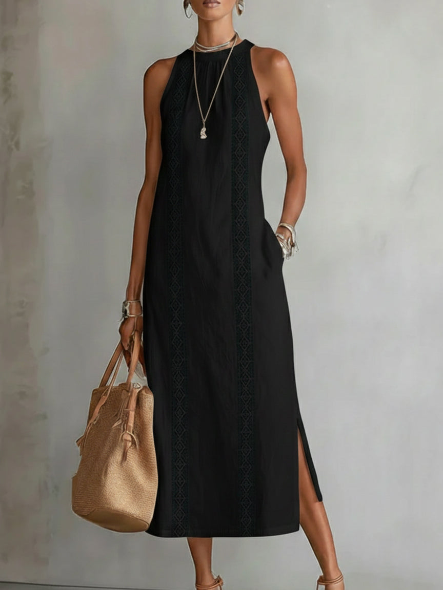 Jimena™ | Embroidered Mandarin Collar Midi Dress
