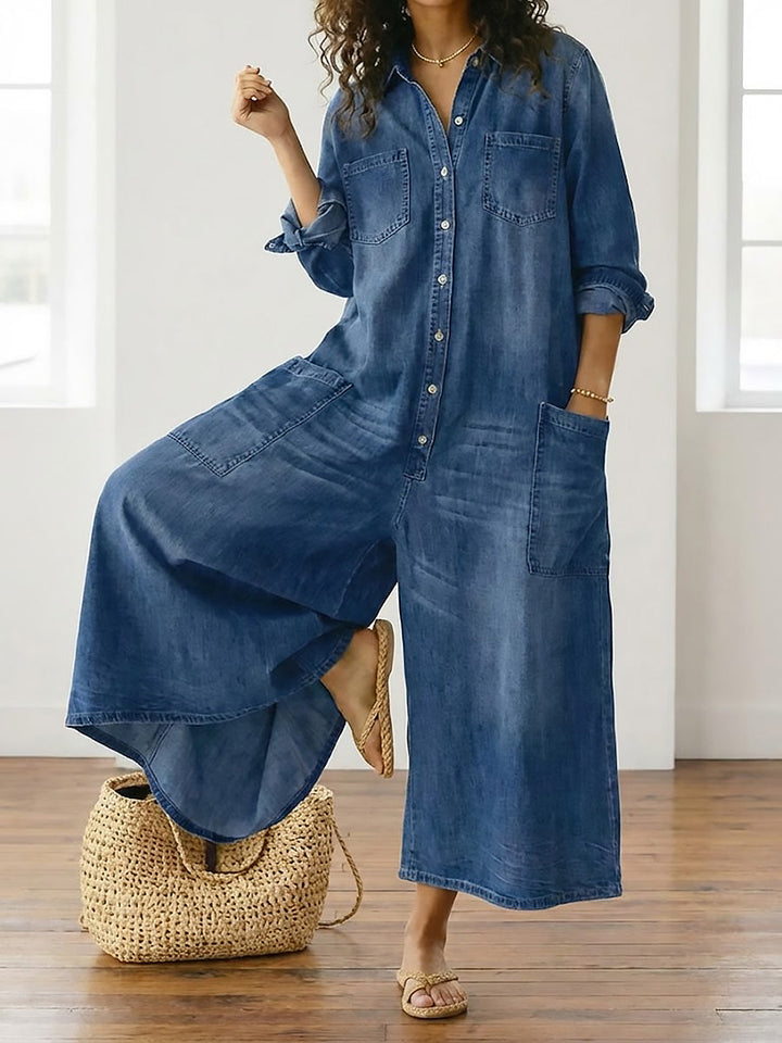 Diana | Vintage Washed Soft Cotton Denim Jumpsuit with Button Closure