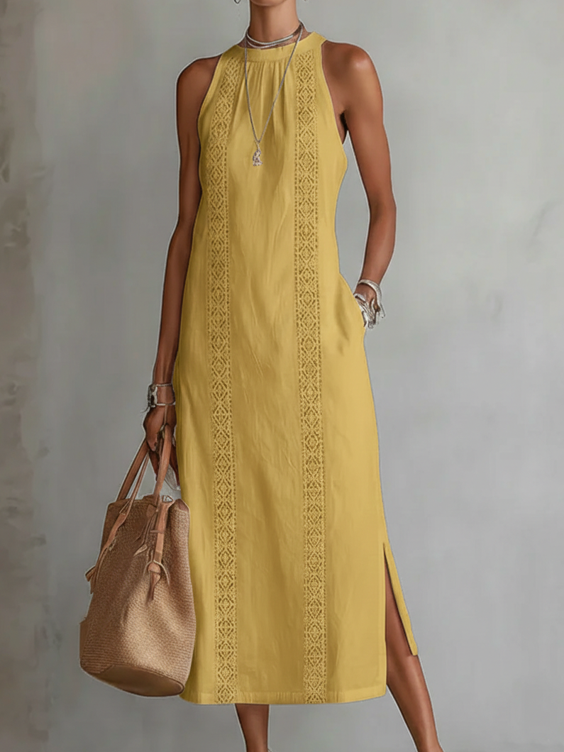 Jimena™ | Embroidered Mandarin Collar Midi Dress