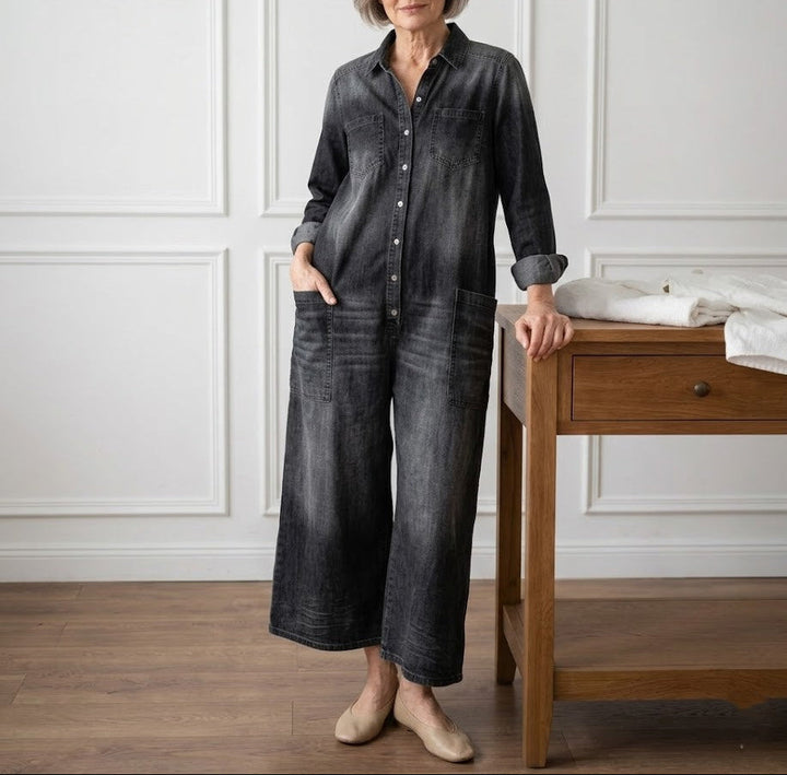 Diana | Vintage Washed Soft Cotton Denim Jumpsuit with Button Closure